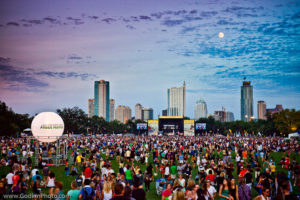 Day 1 of Austin City Limits Music Festival on October 2, 2009. Full Moon over the Austin Skyline.